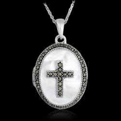 Locket Pendant Oval "Mother of Pearl & Marcasite Cross"