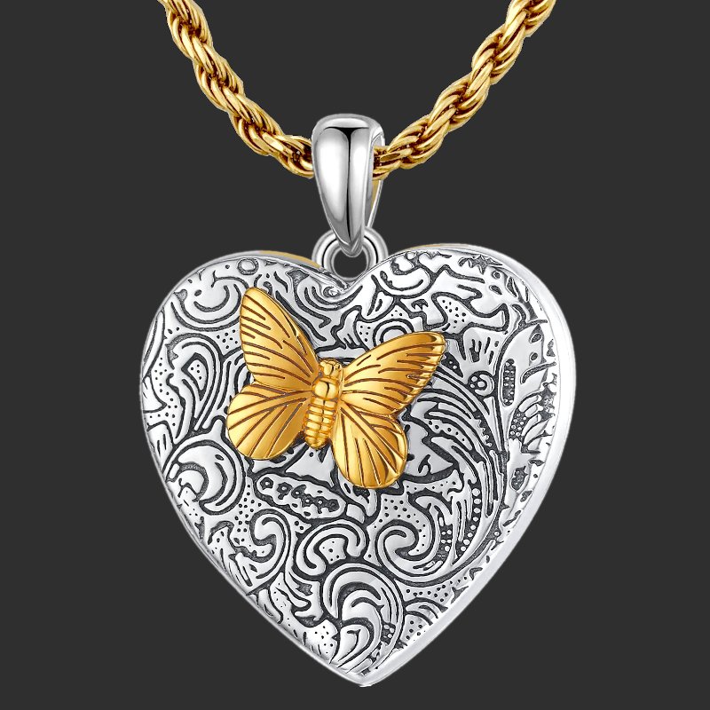 "Affection papillon" pendentif médaillon porte-photo en forme de cœur en argent massif 925