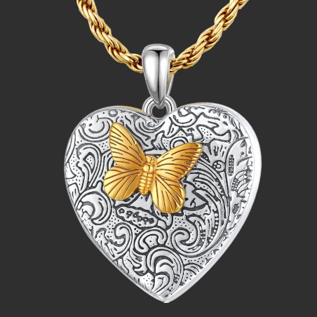 Ciondolo Portafoto a forma di cuore "l'affetto della farfalla" adornato con una farfallina dorata 18k