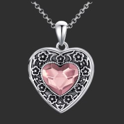 "Forget-Me-Not Flower" Pink Swarovski Locket pendant heart shape sterling silver