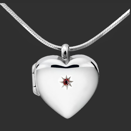 "Petite Amelia" Heart locket sterling silver with red CZ stone star setting