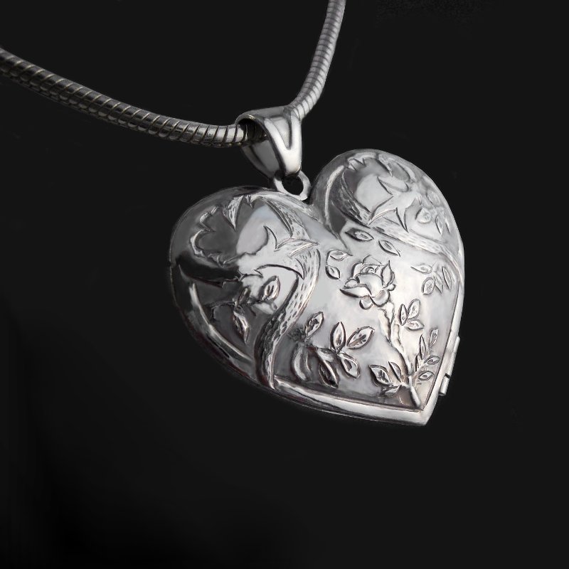 Sterling silver locket pendant heart rose with thorns 