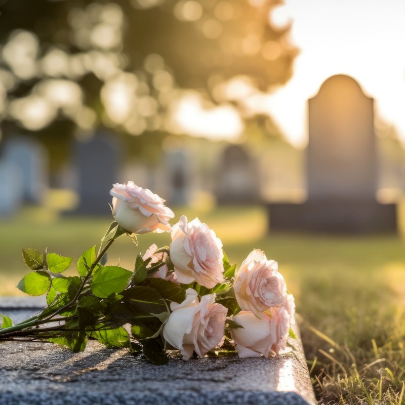 Une scène sereine de cimetière avec un bouquet de roses roses claires placé sur une pierre tombale, symbolisant le souvenir et le respect pour les défunts